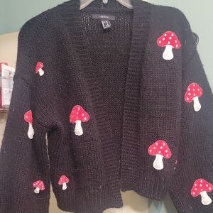 Forever 21 Black Cardigan with Red Mushroom Embroidery
